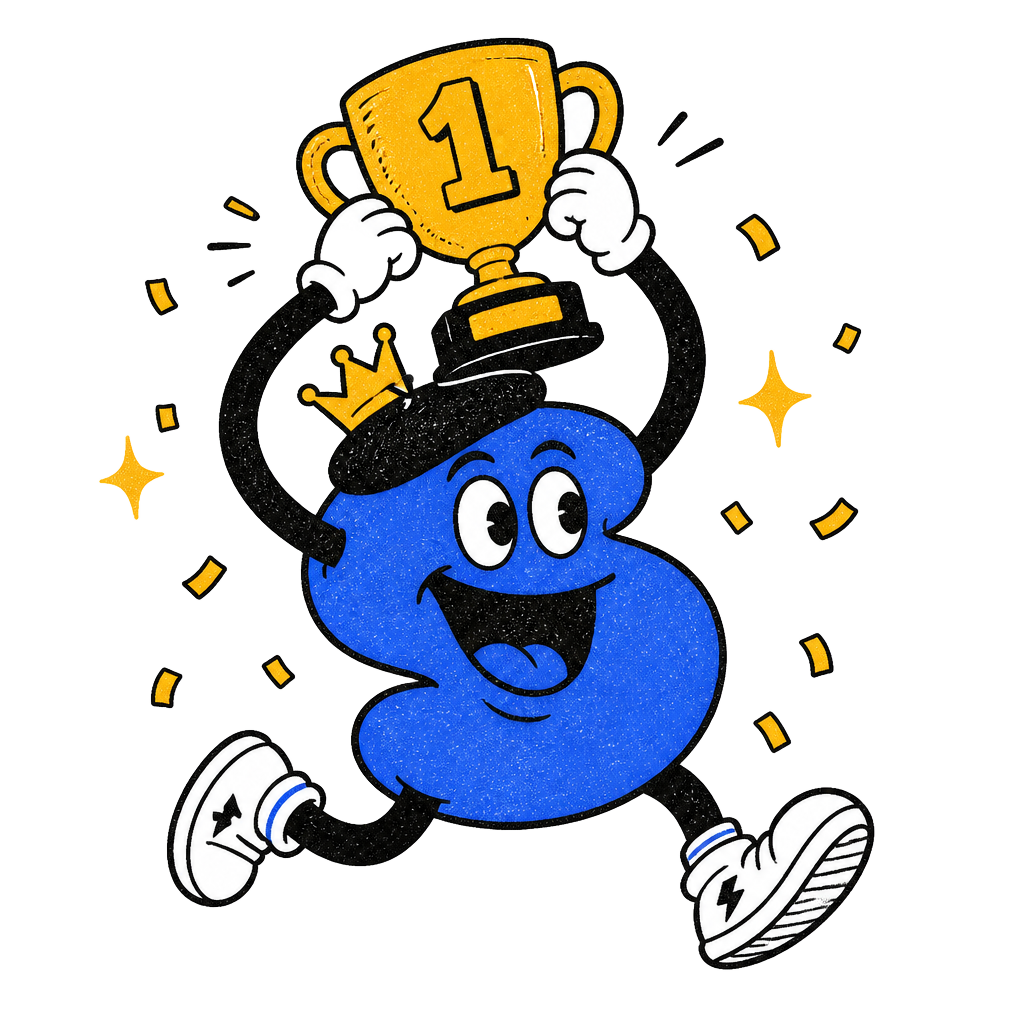 Glyph the blue mascot cheering with a trophy